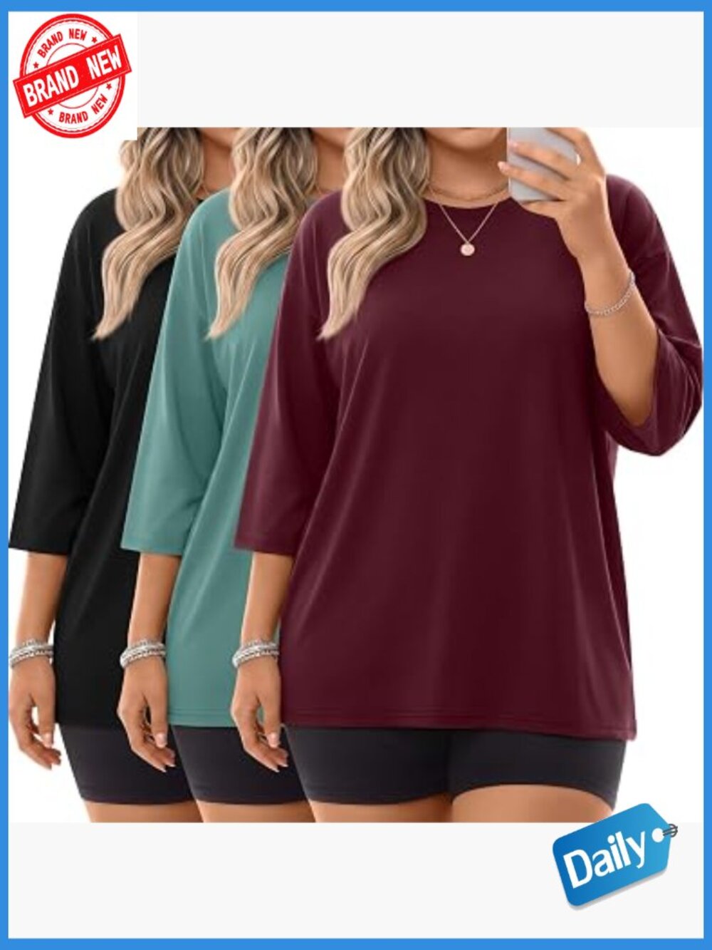 Plus Size 3/4 Sleeve Loose Fit Cotton Tunic Tee 3 Pack